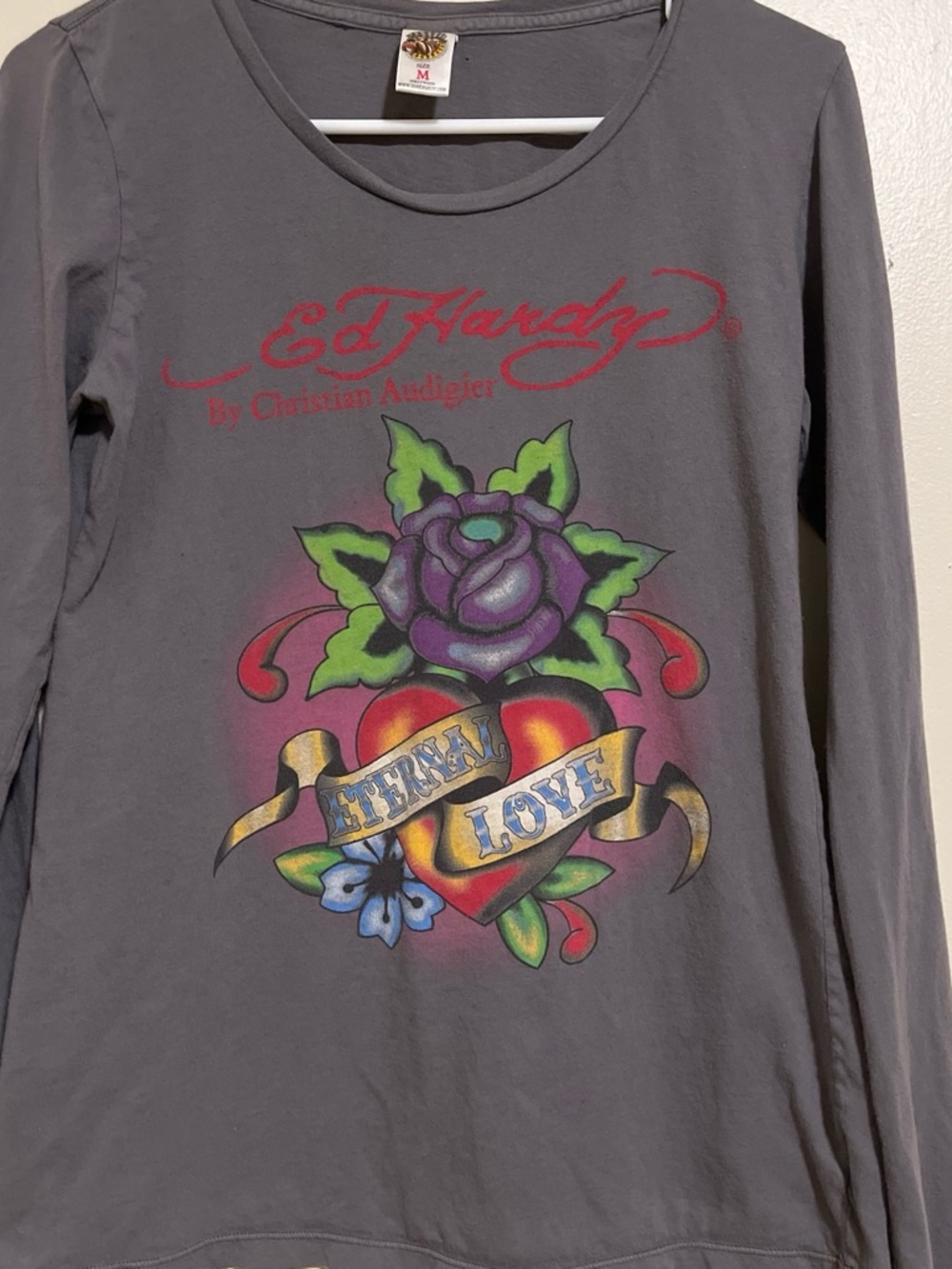 Ed Hardy Gray Long Sleeve Tee with Purple Rose & Multicolor Heart